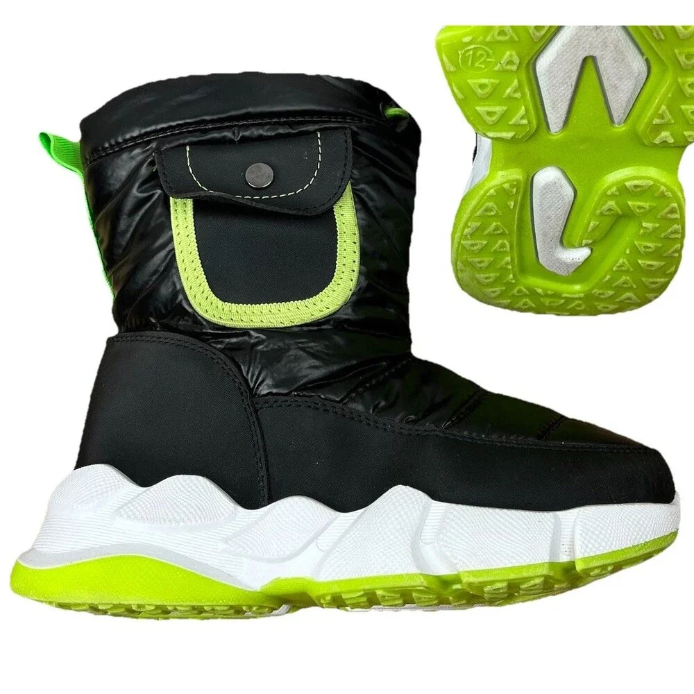 Kids Snow Boots Black Neon Green Insulated Waterproof Zip US 12 Toddler